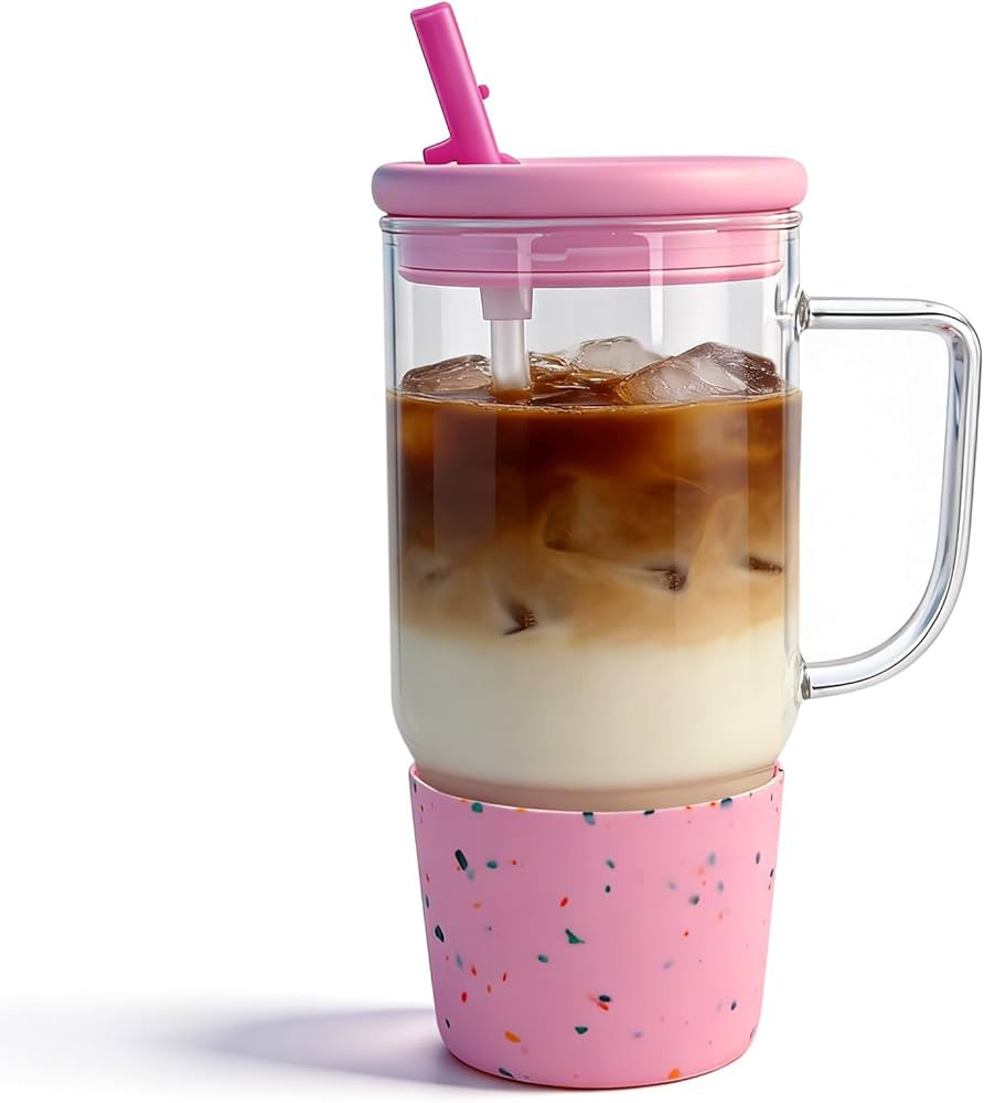 40oz Glass Tumbler with Lid and Straw, Clear Tumbler With Handle Silicone Sleeve, Leakproof Iced ... | Amazon (US)