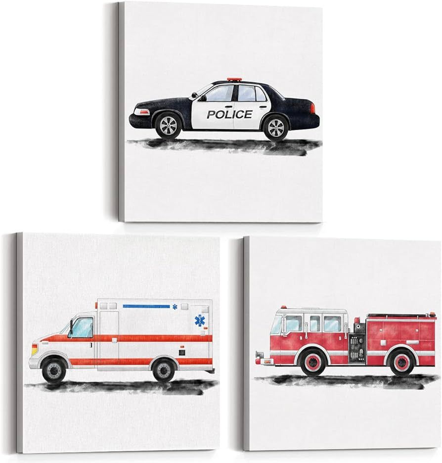Set of 3 Fire Truck Police Car Ambulance Nursery Posters Canvas Wall Art & Tabletop Home Boys Bed... | Amazon (US)