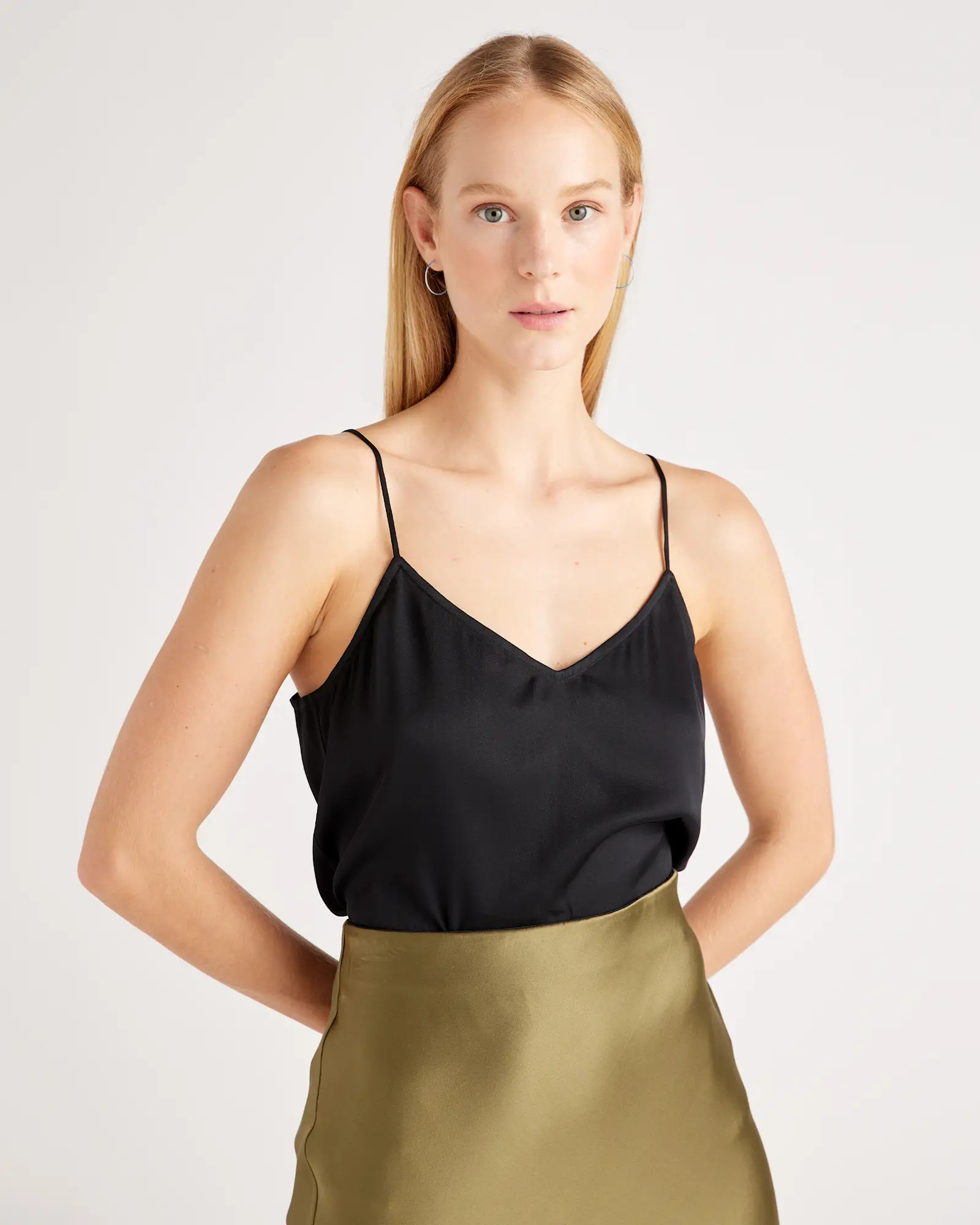 Washable Stretch Silk V-Neck Cami in Black | Quince