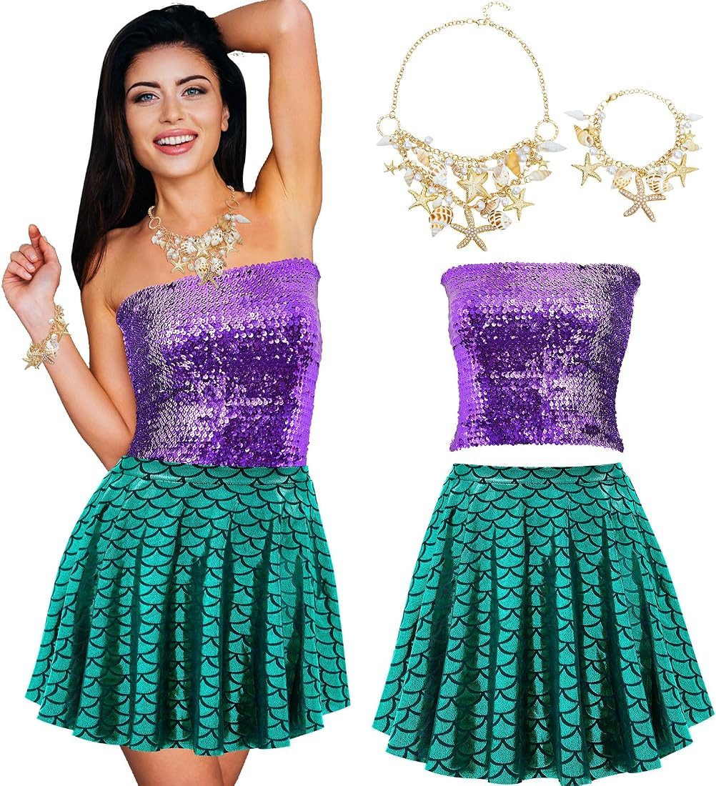 Newcotte 4 Pcs Mermaid Costume for Women Purple Sequin Mermaid Crop Tops Mermaid Skirts Mermaid S... | Amazon (US)