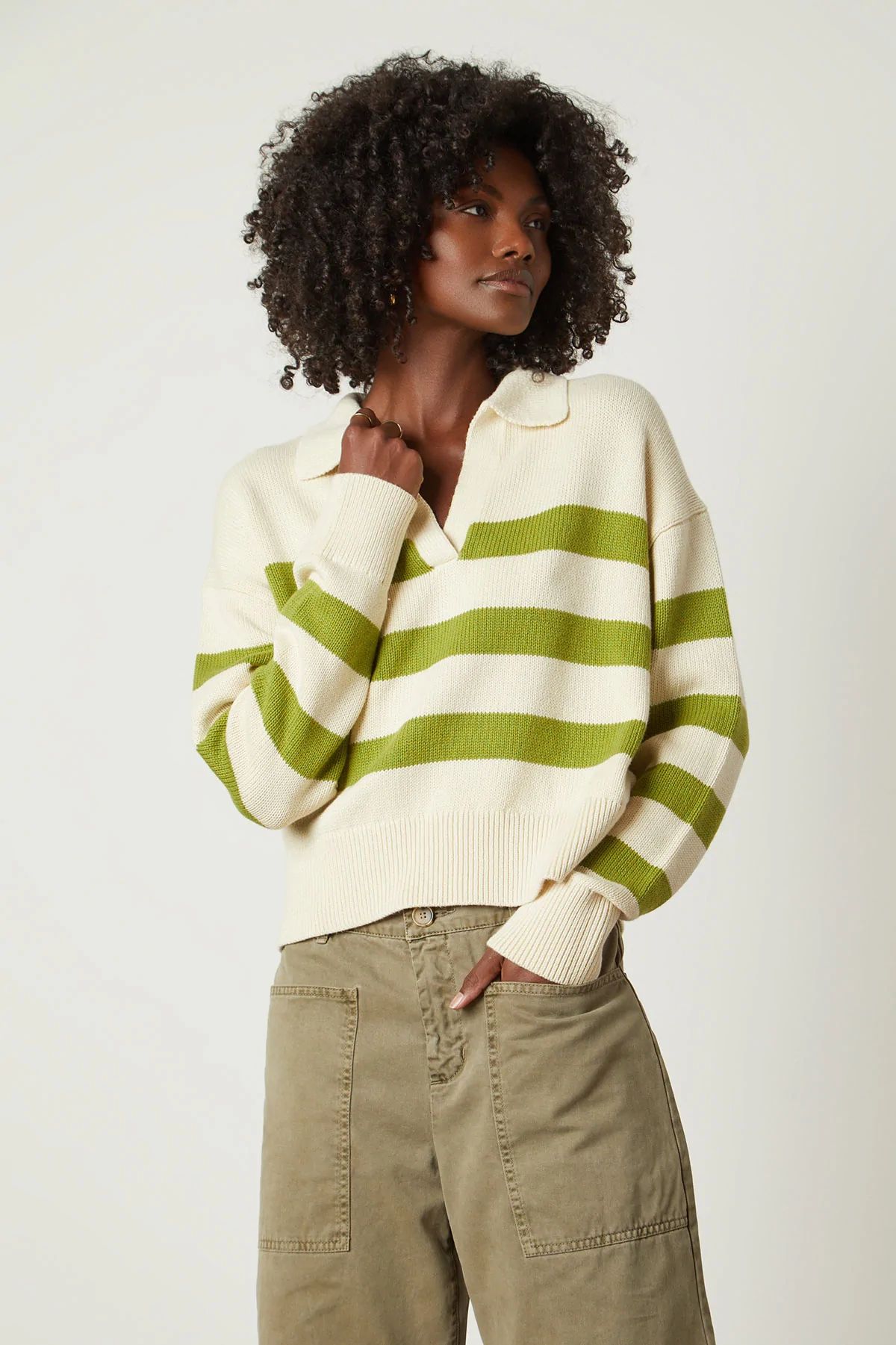 LUCIE COTTON CASHMERE STRIPED POLO SWEATER | Velvet by Graham & Spencer