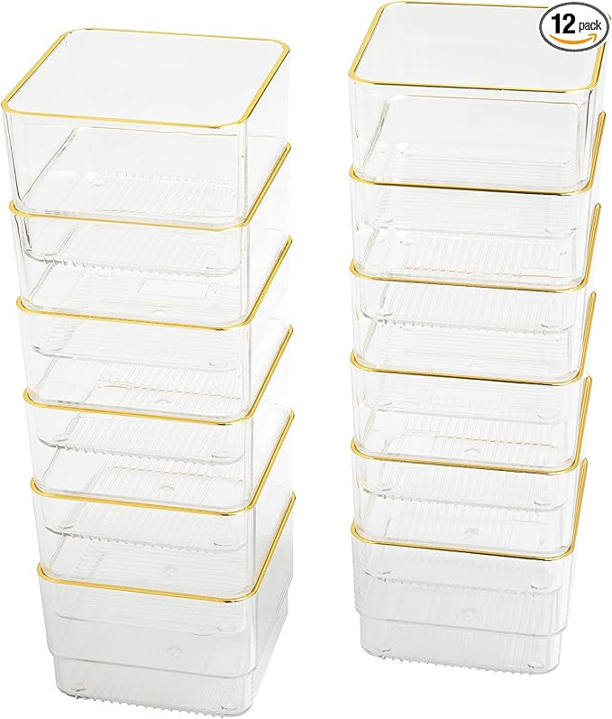 Martha Stewart Kerry Plastic Stackable Office Desk Drawer Organizers, 3" x 3", 12 Pack, with Gold... | Amazon (US)