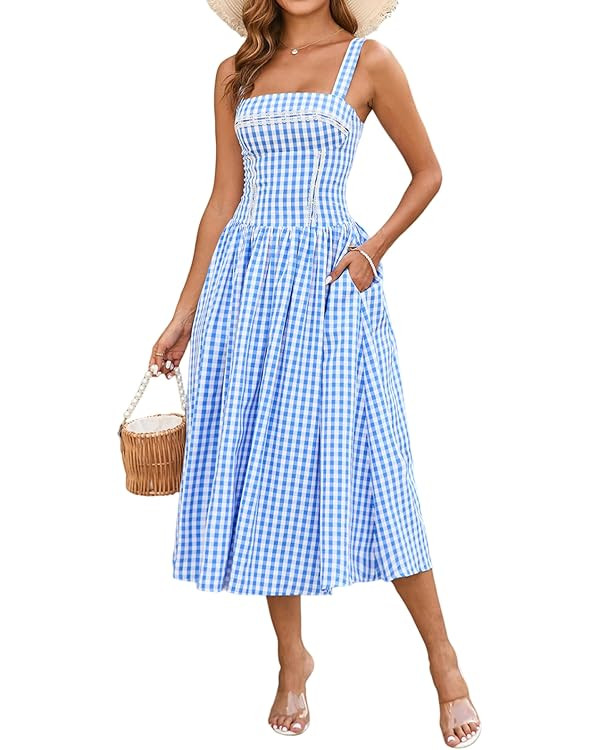 XinFSh Women's Summer Boho Midi Dress Gingham Square Neck Smocked Corset Dresses Casual Flowy Bea... | Amazon (US)
