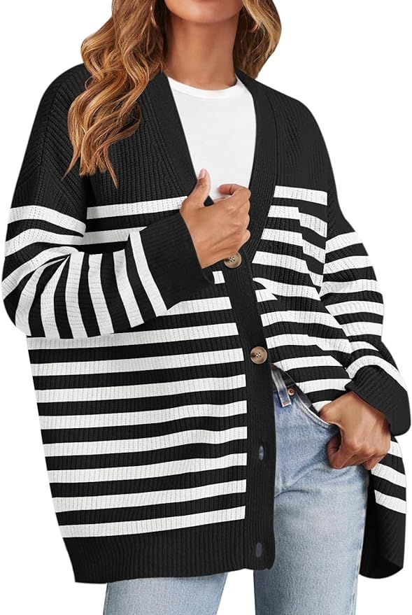 MEROKEETY Women's Oversized Striped Cardigan Sweaters 2023 Open Front Button V Neck Knit Outerwea... | Amazon (US)