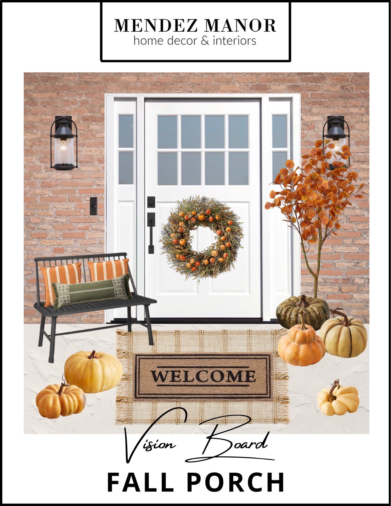 Fall front porch decor with metal bench and decorative pillows. Fall wreath, fall garland, and decorative outdoor pumpkins. 

#LTKHalloween #LTKSeasonal #LTKHome