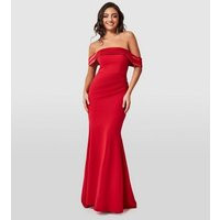 Goddiva Dark Red Satin Bardot Bodycon Maxi Dress New Look | New Look (UK)