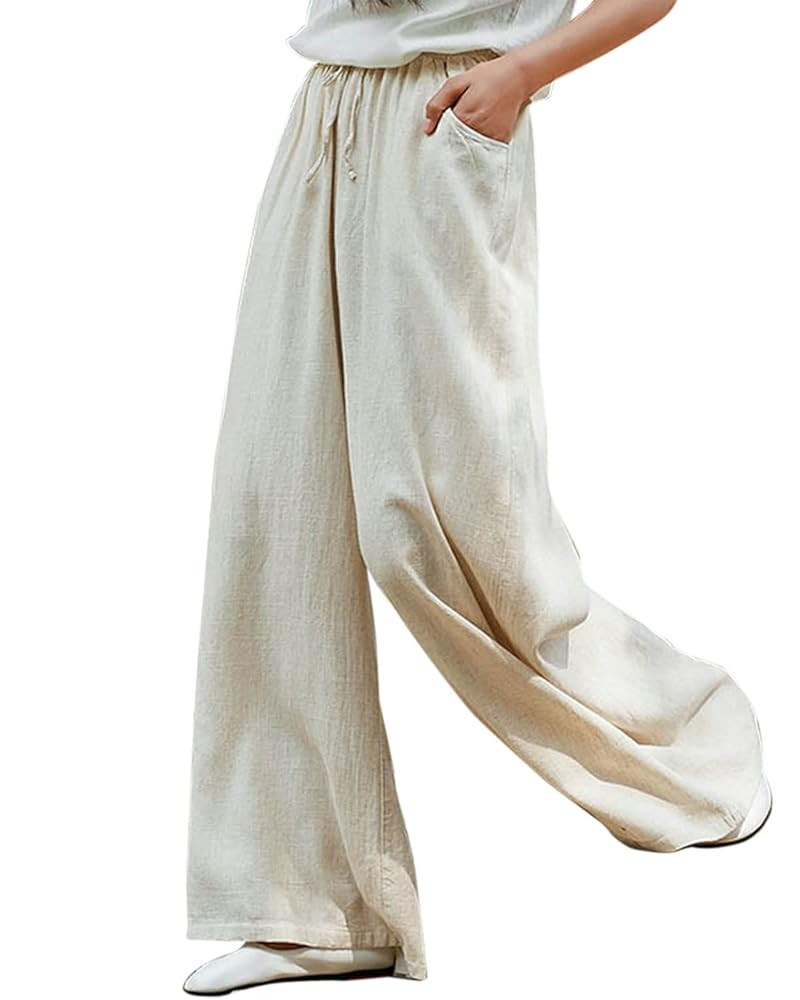 IXIMO Women's Cotton Linen Wide Leg Pants Casual Drawstring Lounge Palazzo Loose Trousers | Amazon (US)