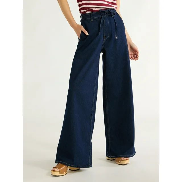 Free Assembly Women Mid Rise Belted Wide Leg Trouser Jean | Walmart (US)