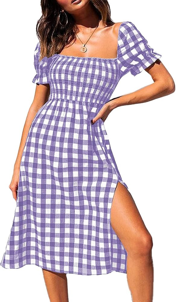 PRETTYGARDEN Plaid Dress for Women Short Puff Sleeve Square Neck Side Split Summer Midi Flowy Dresse | Amazon (US)