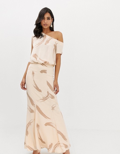 ASOS DESIGN one shoulder satin drape maxi dress in brush stroke print | ASOS US