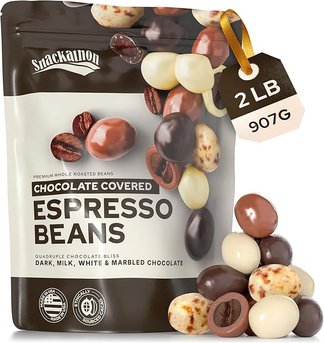 Snackathon Chocolate Covered Espresso Beans, 4 Chocolate Blend (Dark, Milk, White, Marbled), Bulk... | Amazon (US)