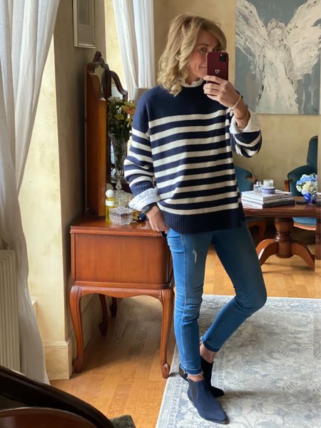 Frills & stripes today
.
Jumper @cos
Blouse @uniqlo
Jeans @jcrew
Boots @marksandspencer pr
.
#stripes #timelessstyle #midlife #styleover50 #outfitinspiration #mystyle #everydayfashion #ootd #whatimwearing #mymidlifefashion 

#LTKstyletip #LTKover40 #LTKeurope