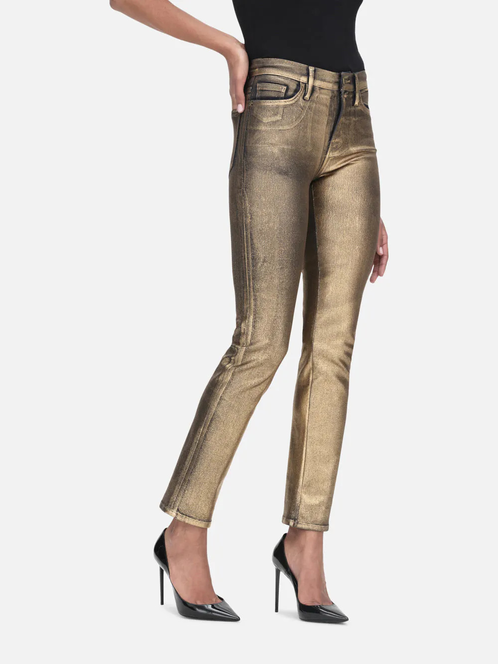 Le High Straight Coated  in  Gold Chrome | Frame Denim