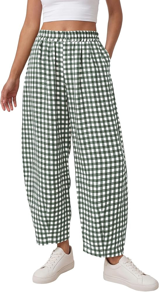 PRETTYGARDEN Plaid Barrel Pants Women Summer 2026 Casual Loose Wide Leg Lounge Gingham Trousers S... | Amazon (US)