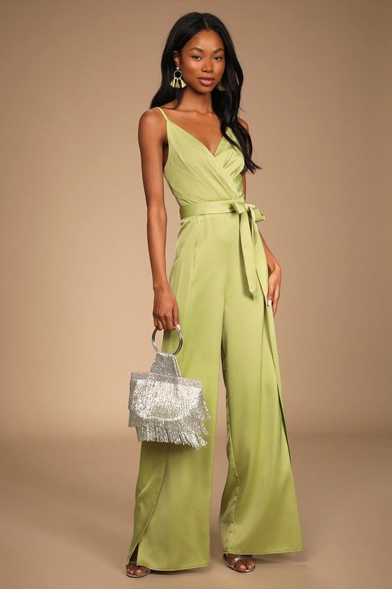 Lime Green Satin Slit Leg Jumpsuit Spring Dress Spring Outfits Wedding Guest Dress | Lulus (US)