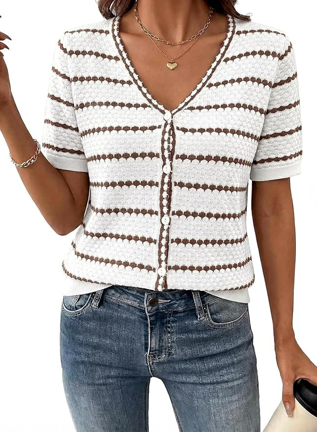 Dokotoo Cardigan Sweaters for Women Spring Summer Short Sleeve Crochet Striped V Neck Button Casu... | Amazon (US)