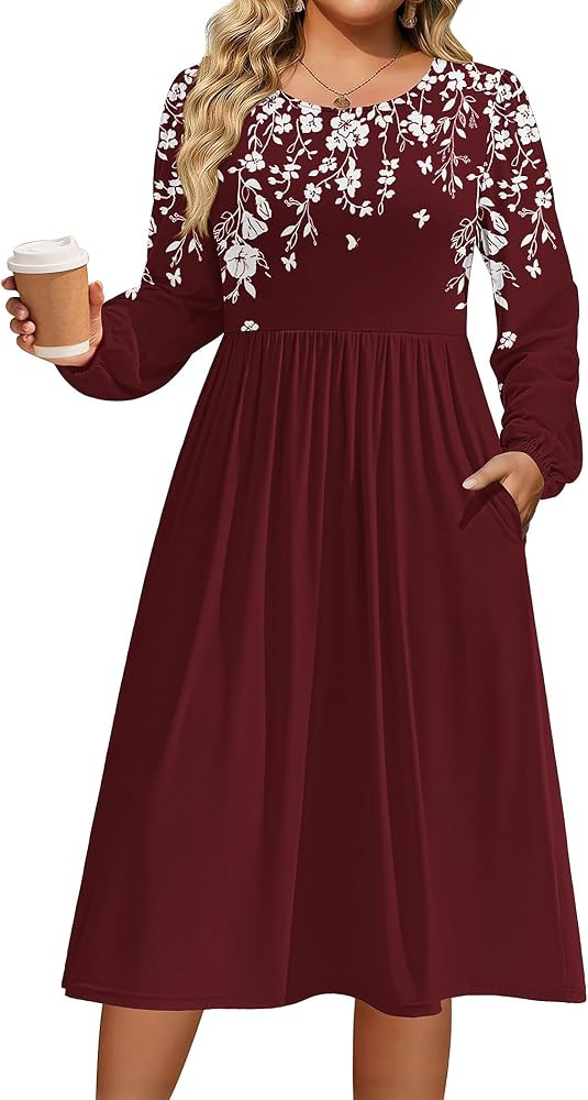 IN'VOLAND Plus Size Fall Dresses Women Long Sleeve Midi Casual Pocket Dress | Amazon (US)