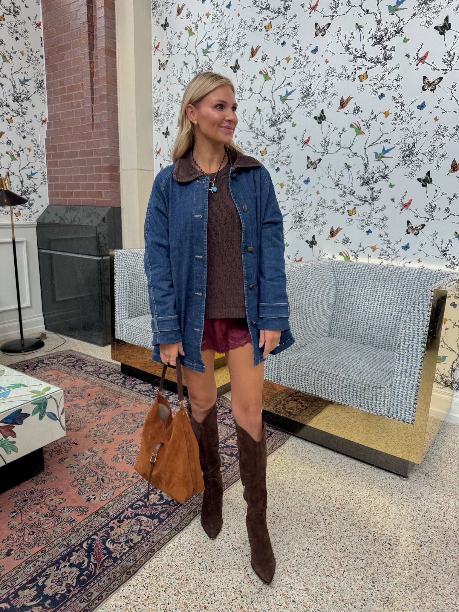 Weekend outfit in Nashville, suede boots, barn jacket, satin shorts, sweater, Abercrombie, Anthropologie, suede bag  

#LTKShoeCrush #LTKFindsUnder100 #LTKSeasonal