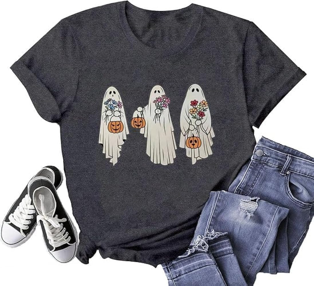 Womens Ghost Pumpkin Flowers Shirt Fall Pumpkin Vintage Flowers Tshirt Halloween Funny Graphic Bl... | Amazon (US)