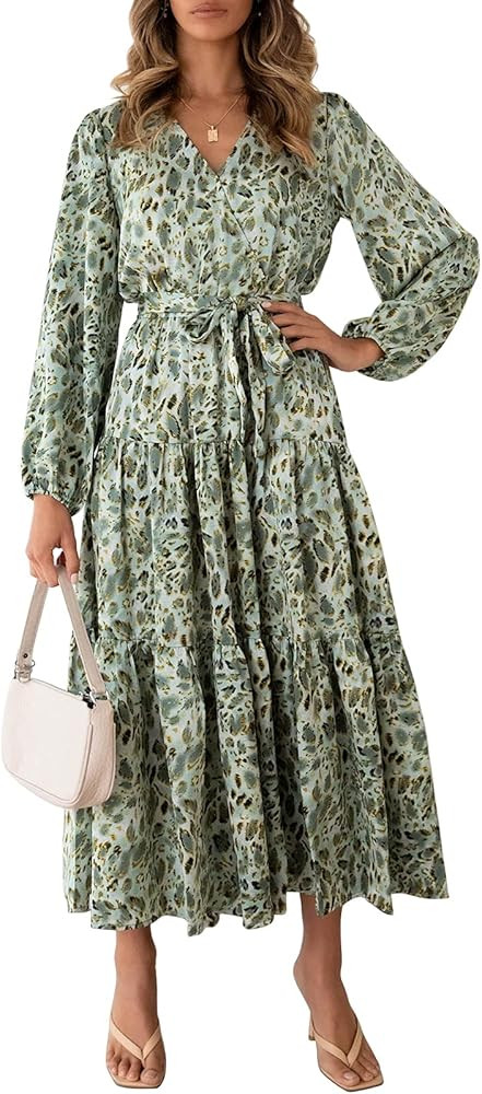 MITILLY Women's Boho Leopard Print Ruffle Long Sleeve V Neck Casual Flowy Party Maxi Dress | Amazon (US)