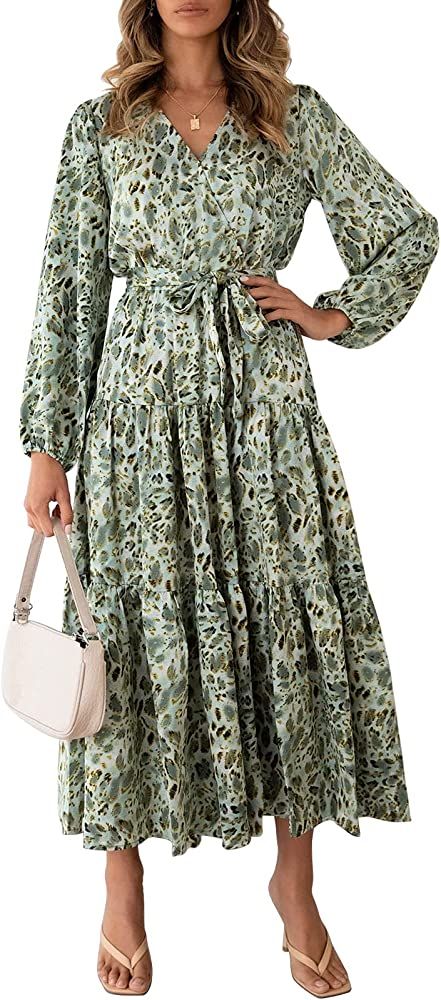 MITILLY Women's Boho Leopard Print Ruffle Long Sleeve V Neck Casual Flowy Party Maxi Dress | Amazon (US)