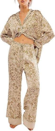 Arssm Satin Pajama Set for Women Silk Pajamas Set 2 Piece Floral Pj Set Long Sleeve Button Down P... | Amazon (US)