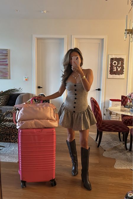 Travel, pink luggage, pink overnight bag, travel style, fall style, fall dress, revolve dress, size small, black cowboy boots 

#LTKtravel #LTKSeasonal #LTKstyletip