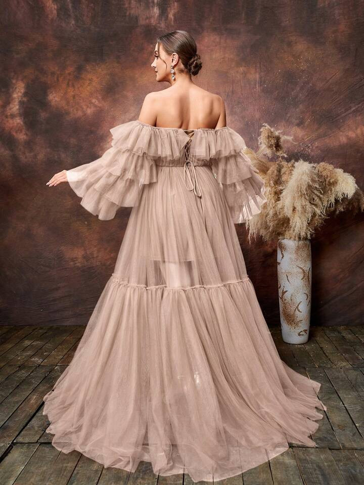Maternity Ruffle Trim Off Shoulder Tulle Photography, Tulle Photography Dress, For Photoshoot | SHEIN