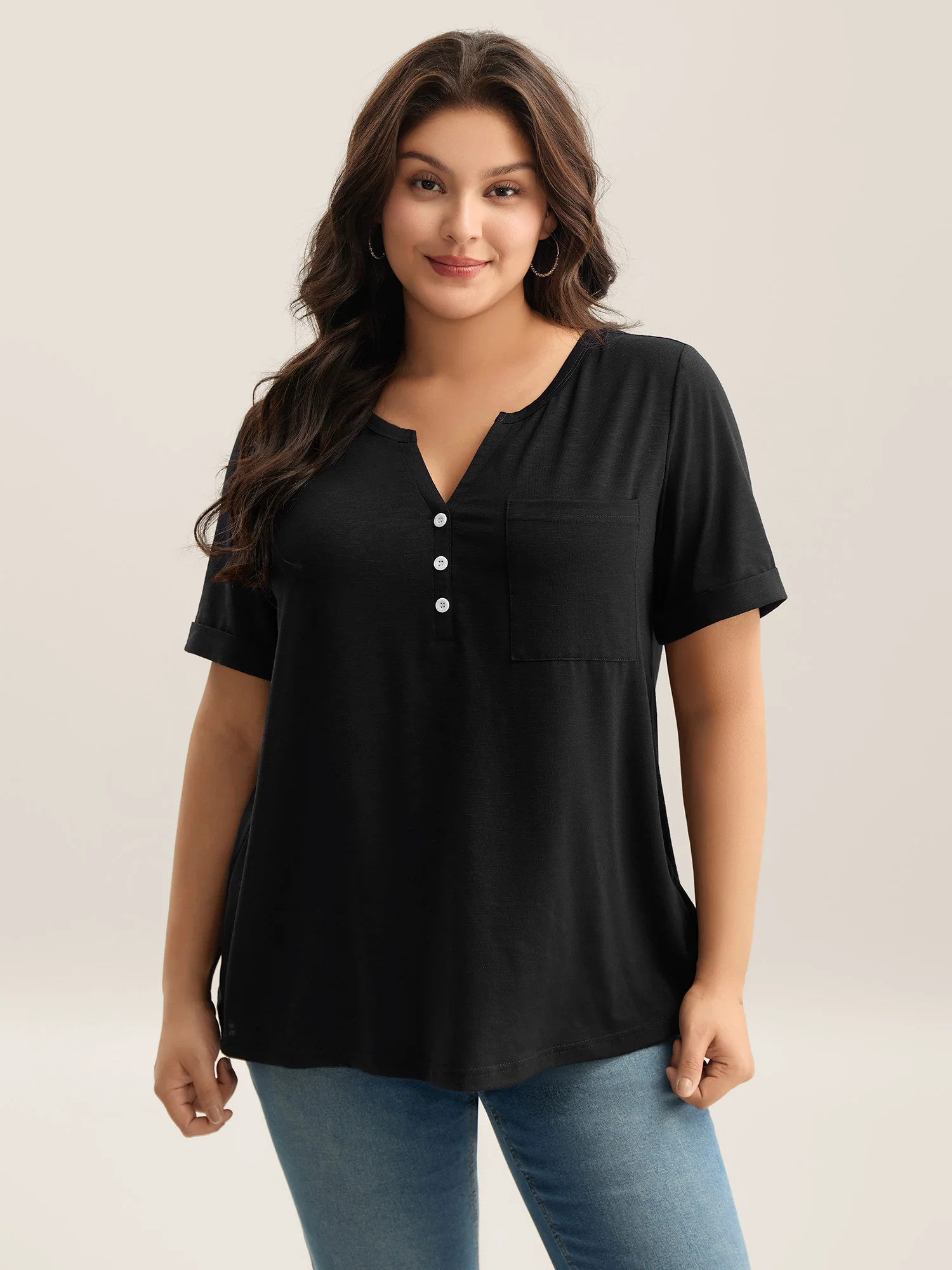 Solid Split Neck Button Detail T-Shirt | Bloomchic