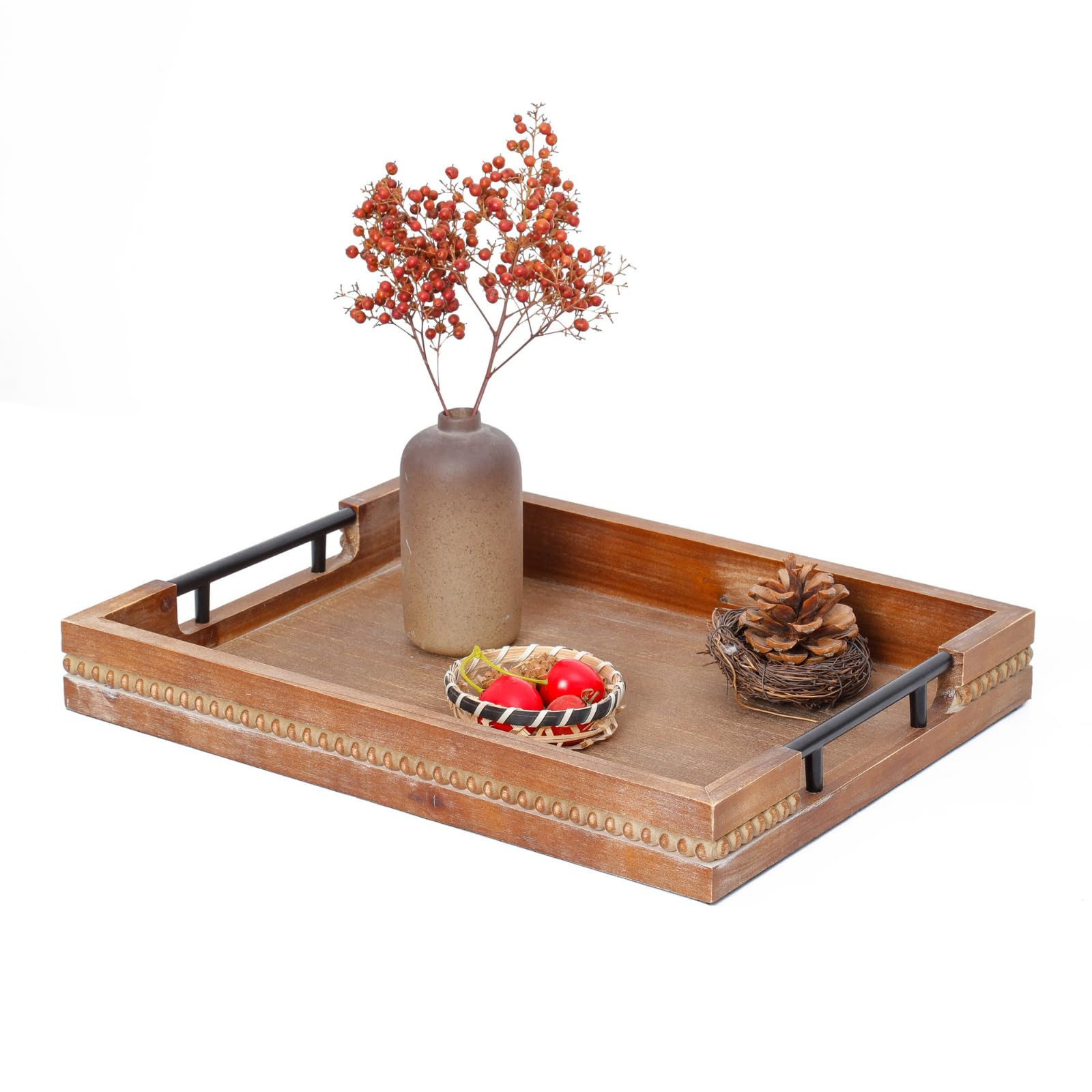 Wooden Ottoman Tray for Living Room,Decorative Serving Tray with Handles,Beaded Rectangle Rustic ... | Amazon (US)