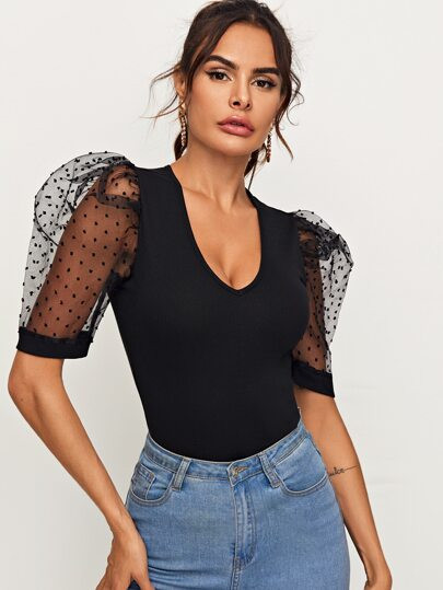 Dobby Mesh Puff Sleeve Top | SHEIN