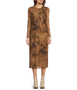 Reba Mesh Wild Mustang Graphic Crew Neck Long Sleeve Column Sheath Midi Dress - L | Dillard's