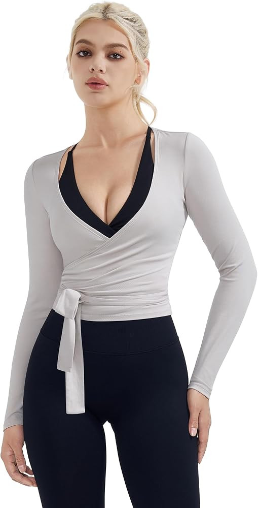 SUUKSESS Women Pilates Wrap Workout Cropped Top Ribbed Long Sleeve V Neck Tie Front Ballet Yoga S... | Amazon (US)