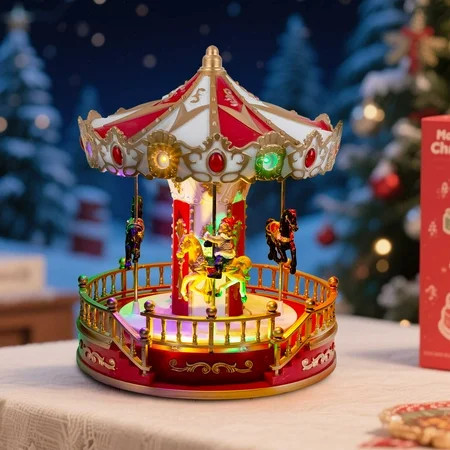 Animated Christmas Carousel with LED Lights and Music – Holiday Tabletop Decoration, Collectible Merry-Go-Round for Indoor Village Display, Christmas Village Accessory,Battery Operated | Walmart (US)