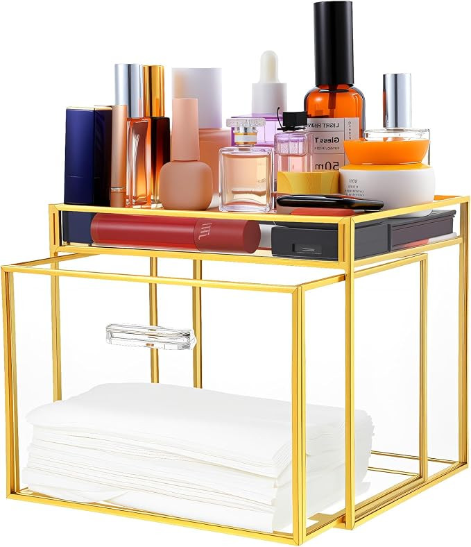 Disposable Face Towel Holder - Premium Glass Clean Towels XL Holder with Gold Frame, Dual Storage... | Amazon (US)