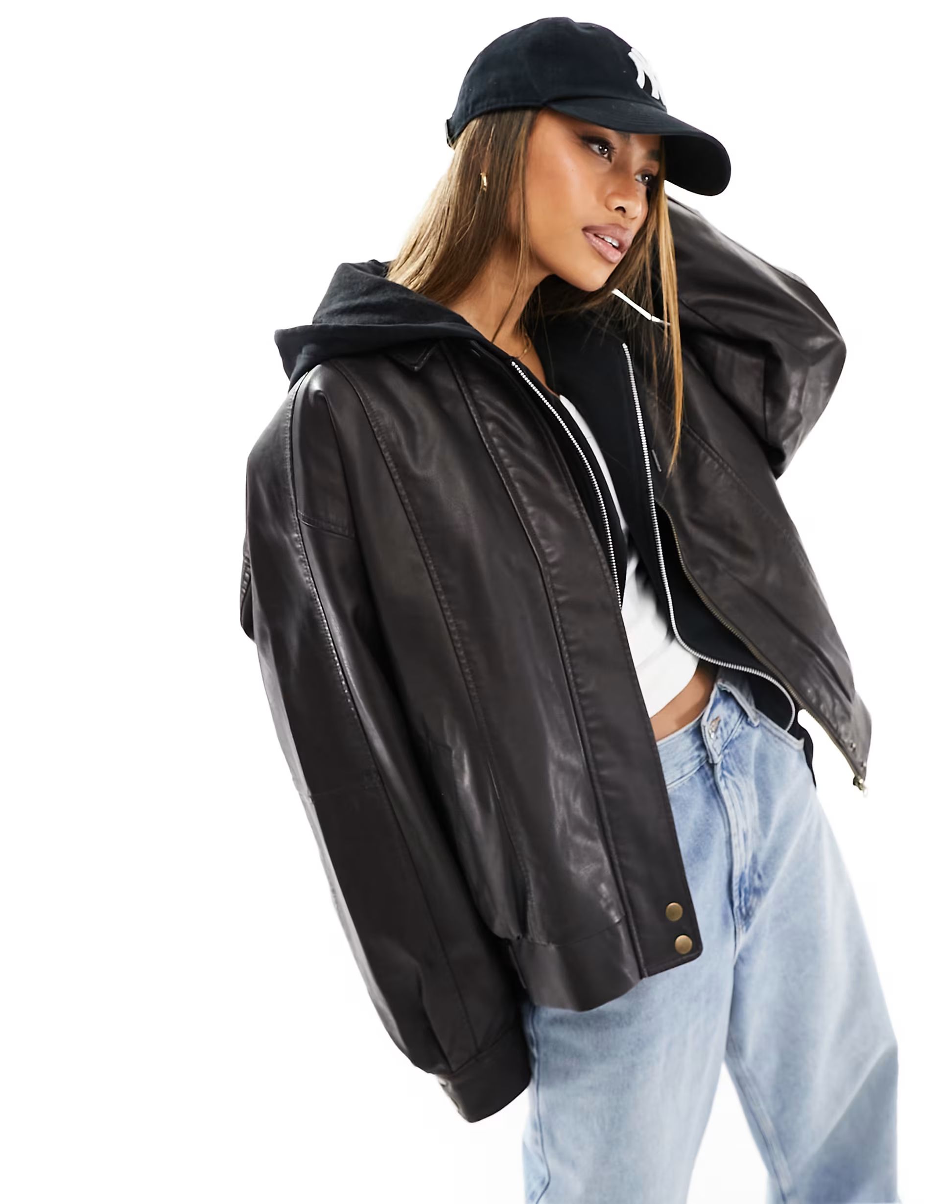 NA-KD x Moa Mattson oversized faux leather bomber jacket in brown | ASOS (Global)