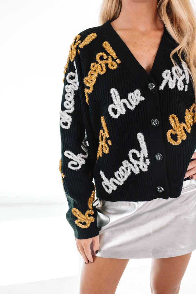 Queen Of Sparkles Cheers! Cardigan - Black | The Impeccable Pig
