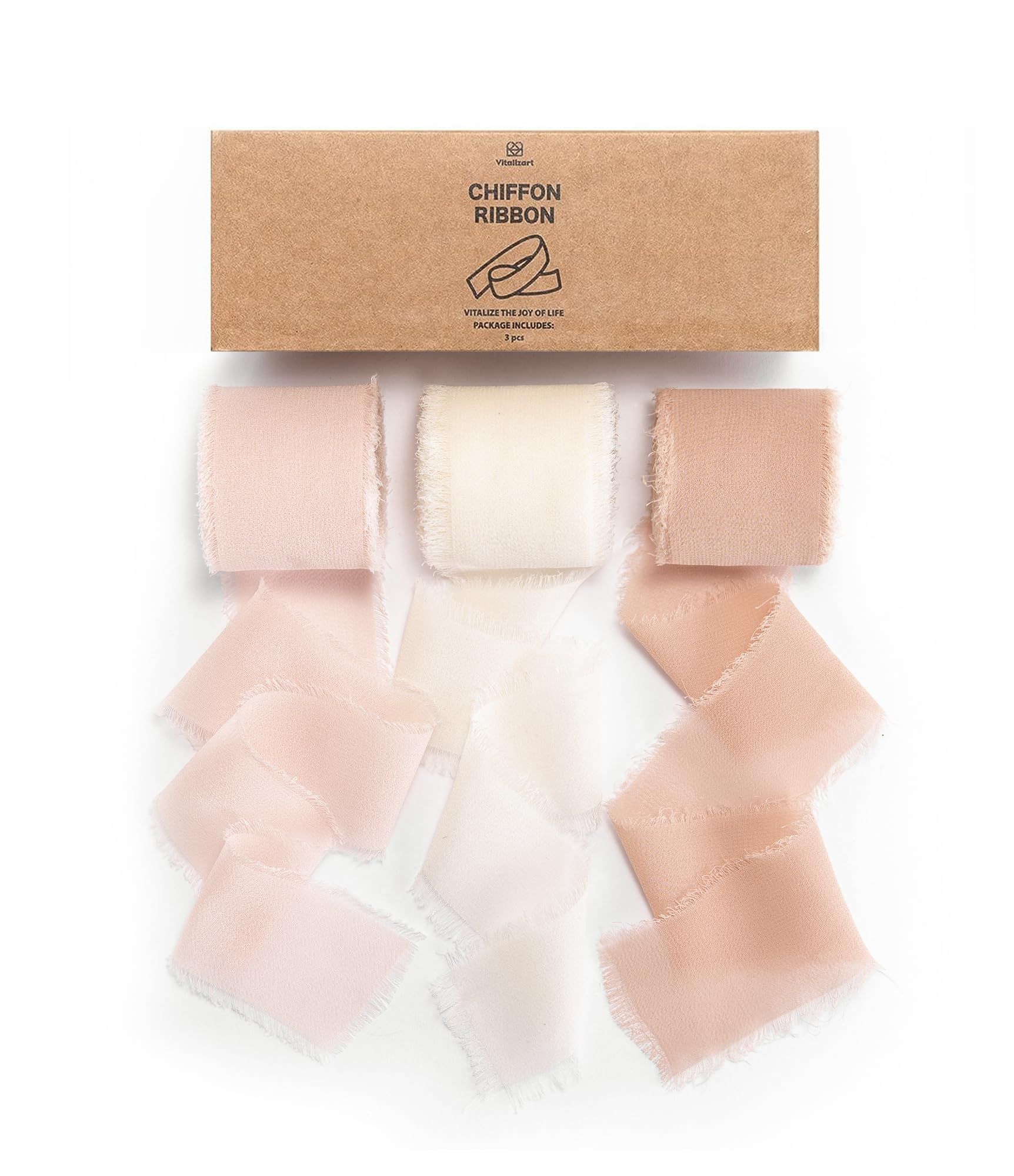 Vitalizart 3 Rolls Handmade Fringe Chiffon Silk Ribbon 1.5" x 7Yd Pink & Cream Ribbons Set for We... | Amazon (US)