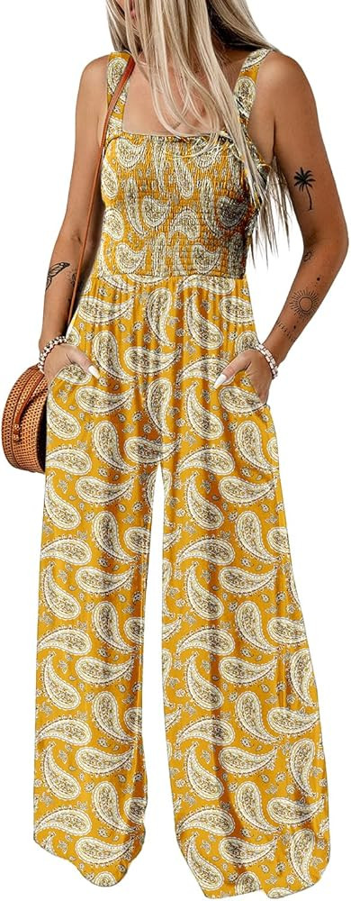 Dokotoo Women's Casual Loose Overalls Jumpsuits One Piece Sleeveless Printed Wide Leg Long Pant R... | Amazon (US)