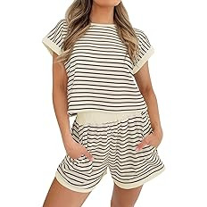 Tankaneo Womens Summer 2 Piece Sets Striped Short Sleeve T Shirts and Shorts Loungewear Matching ... | Amazon (US)