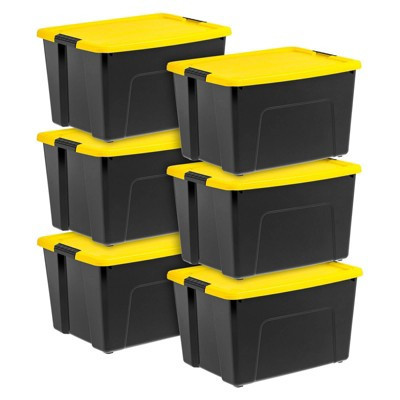 IRIS 6pk 60qt Plastic Storage Bins with Lids Black Yellow Latching Stackable Totes : Stackable Utility Totes, Portable, Universal Storage, Lidded Bins | Target