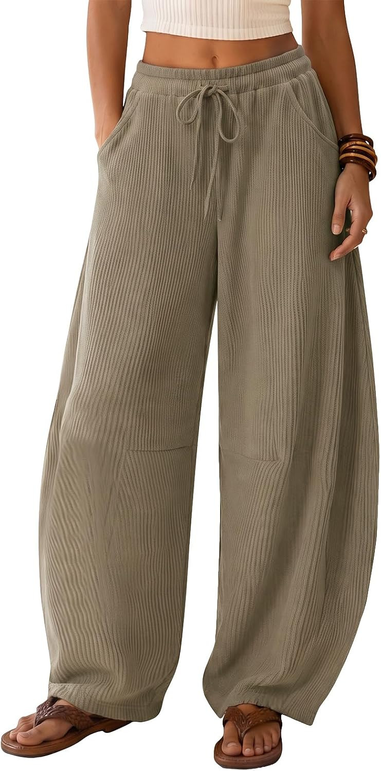 EXLURA Womens Baggy Barrel Pants Waffle Knit Wide Leg Drawstring Sweatpants | Amazon (US)
