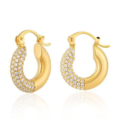 GUEMER Gold Hoop Earrings for Women 14K Gold Plated Huggie Hoop Earrings with Cubic Zirconia Elegant Lightweight & Hypoallergenic Delicate Jewelry (Half with Diamonds) | Amazon (US)