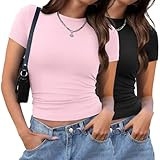 Womens Fashion 2024 Crew Neck T Shirts Slim Fit Summer Going Out Tops 2 Pack Black Pink 2XL | Amazon (US)