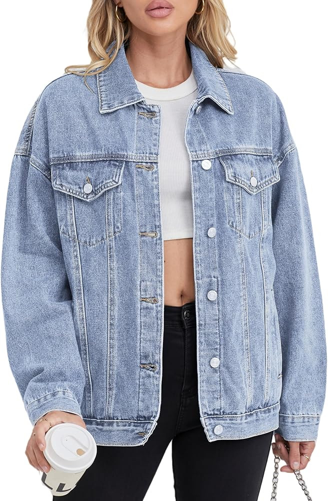 Jean Jacket for Women, Oversize Denim Jacket Trendy, Women's Long Jean Jackets Trucker Coat | Amazon (US)