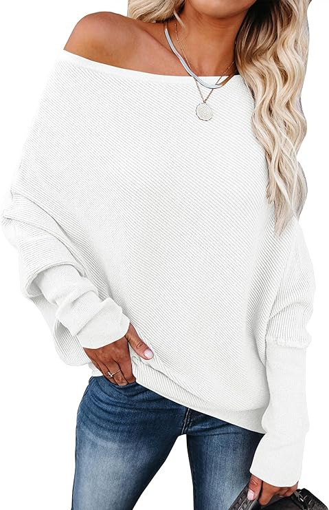 ANRABESS Womens Off Shoulder Sweaters 2025 Fall Long Batwing Sleeve Loose Fit Knit Tops Casual Pu... | Amazon (US)