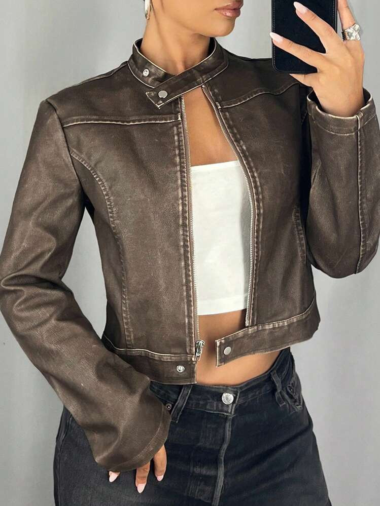 SHEIN ICON Women's Zip Front Stand Collar Fashion PU Leather Long Sleeve Jacket Fall Women Clothes | SHEIN