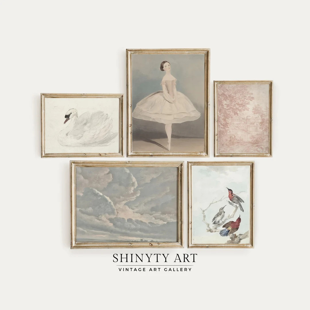 Vintage Nursery Gallery Wall Art Set of 5 Prints Girls Room Decor Soft Pink & Pastel Blue Tones P... | Etsy (US)