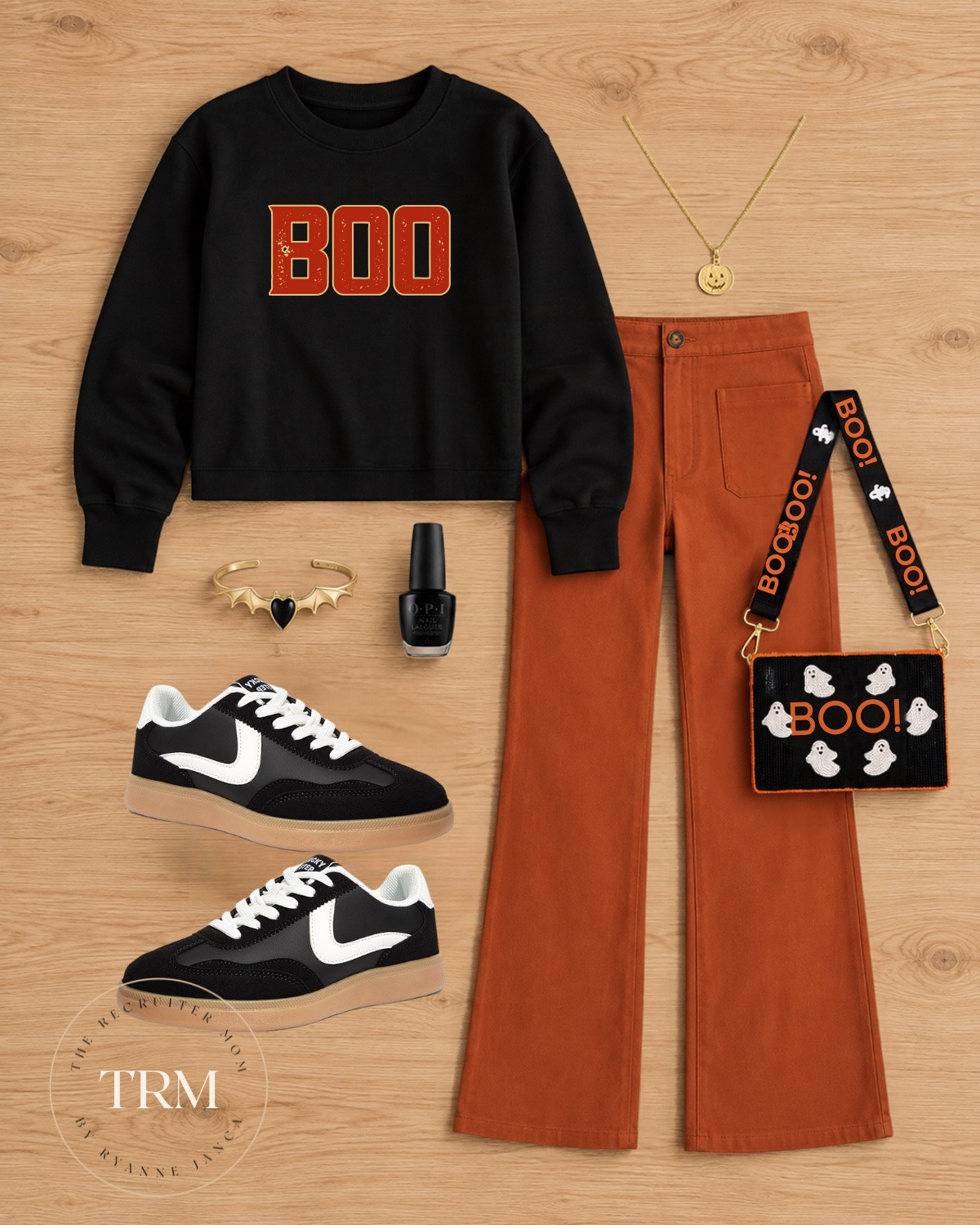 BOO sweater + rust flare pants 🎃 The most fun Halloween look! Love the ghost bag, bat cuff, and smiley necklace for the perfect festive touch 👻

Sizing: Sweater | Pants | Sneakers 

 #LTKover40 #LTKstyletip #LTKmidsize #LTKHalloween