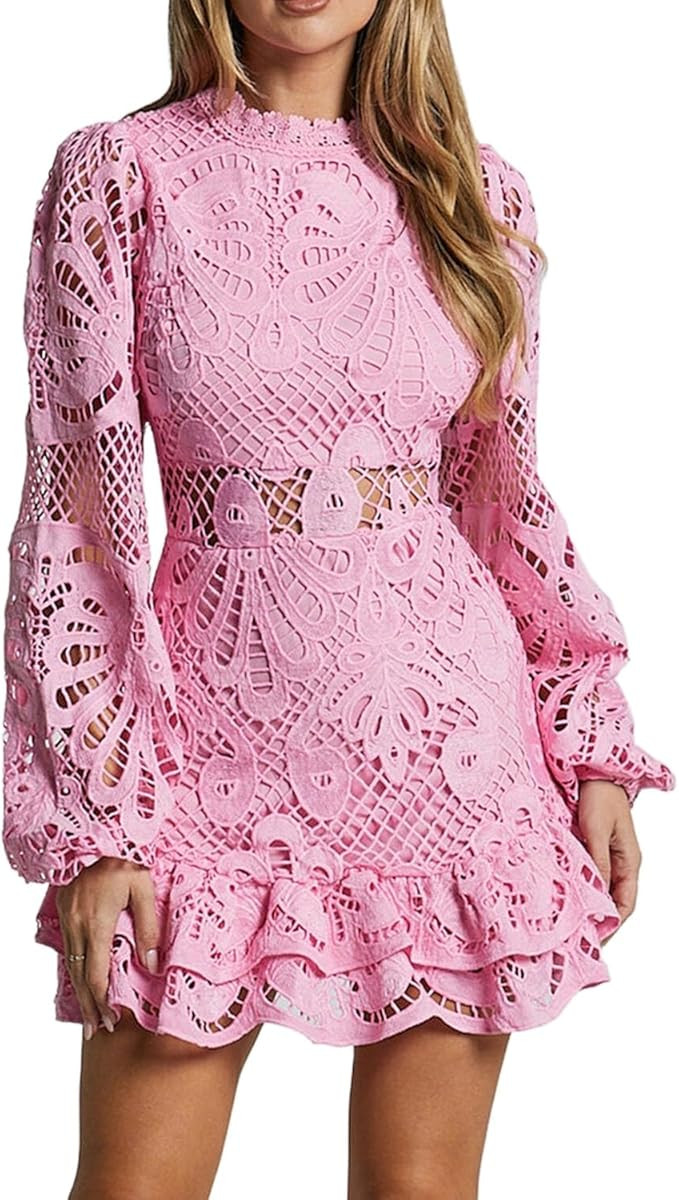 Women's Hollow Out Floral Lace Dress Fashion Embroidered Long Lantern Sleeve Mini Dress Summer Mo... | Amazon (US)